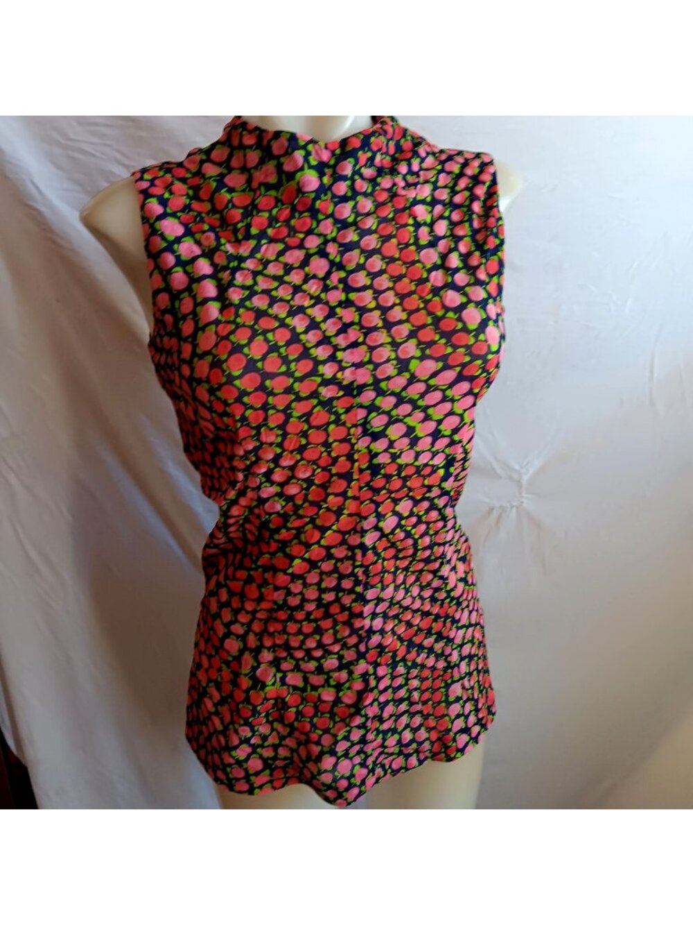 Medium True Vintage Top 1970's Wild Sleeveless Rose Print Blouse High Neck Sheer
